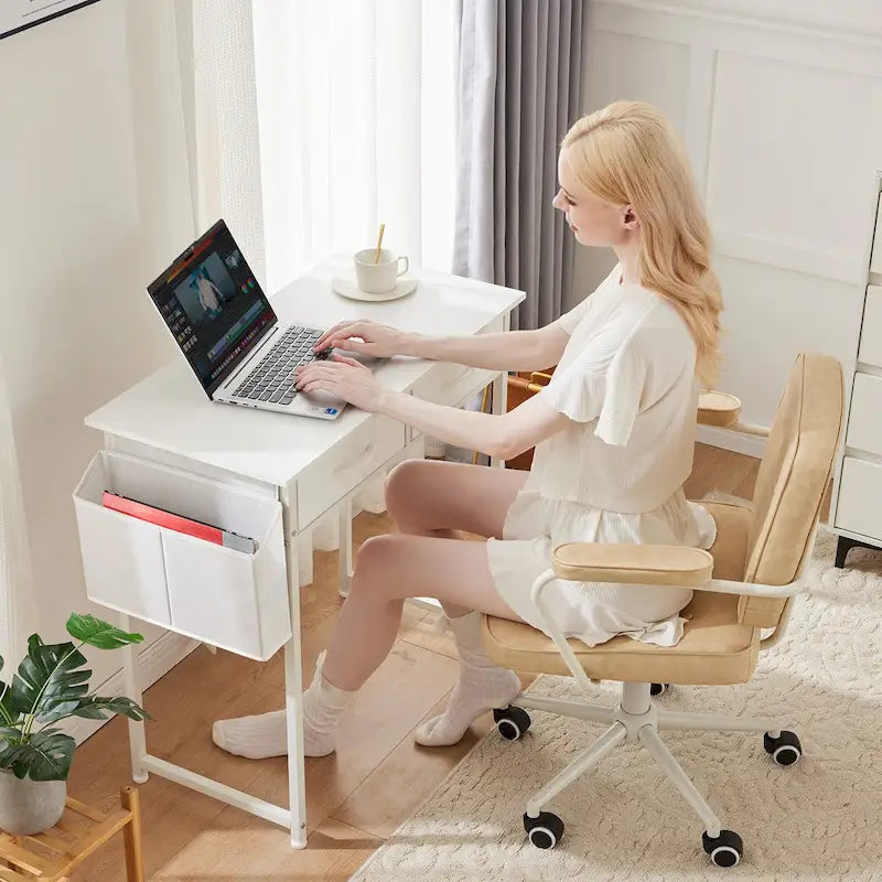 Modern Writing Office Desk with Built in 2 Drawer and Headphone Hook for Small Home Offices and Bedrooms