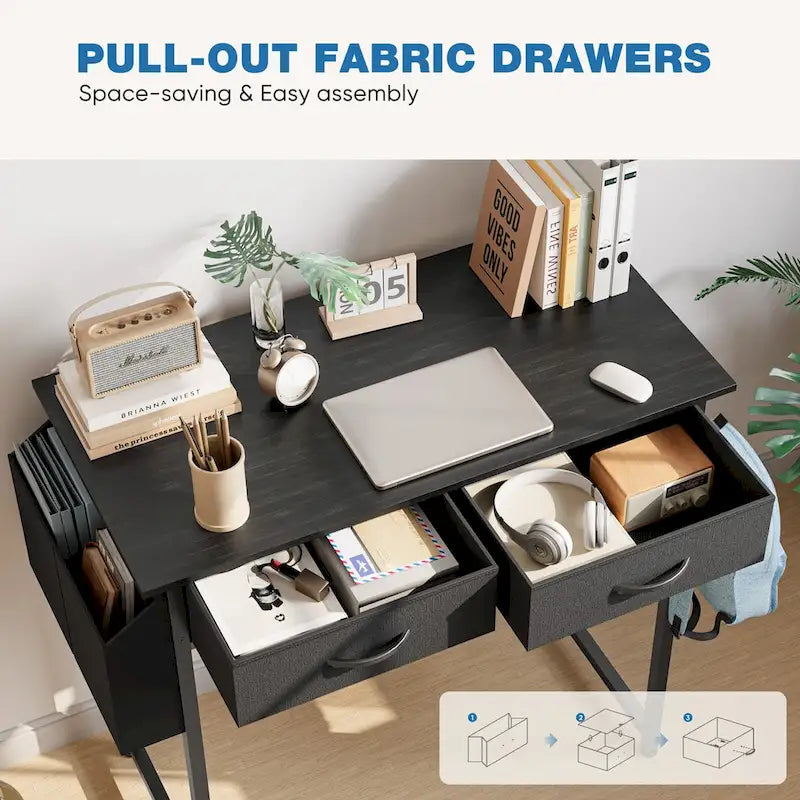 Moderní psací stůl se 2 vestavěnými zásuvkami a háčkem na sluchátka pro malé domácí kanceláře a ložnice