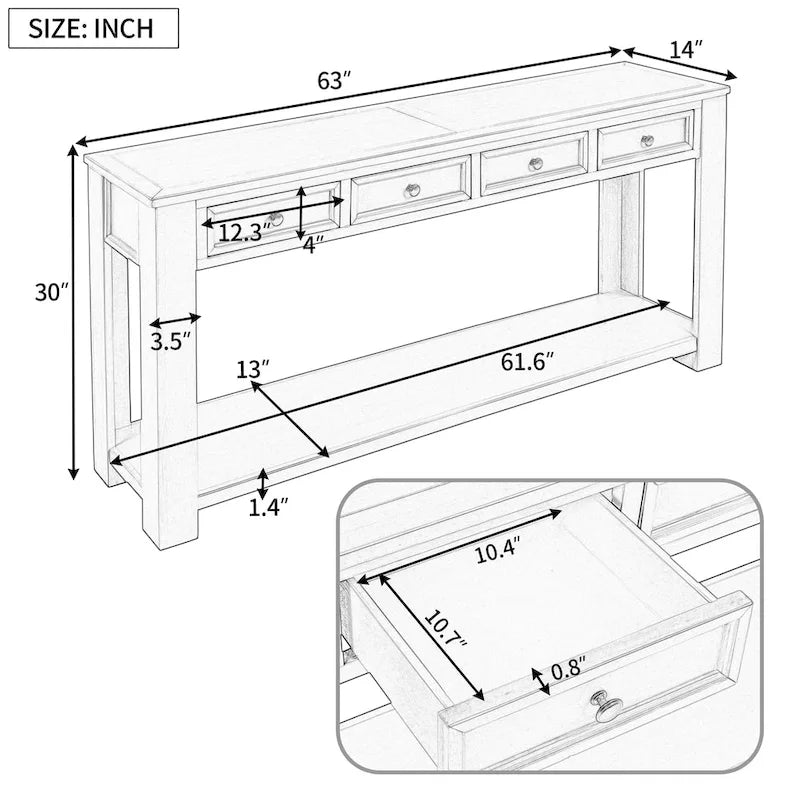 Konzolový stolek/stolík za pohovku se 4 zásuvkami do předsíně/chodby – 14.00 x 63.00 x 30.00