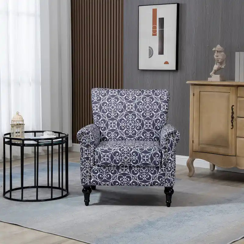 Mid-Century Modern Accent Chair, Linen Armchair w/Tufted Back/Wood Legs