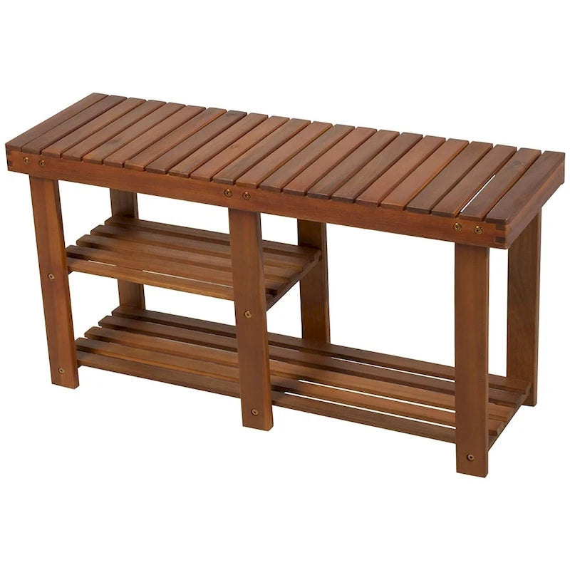 HomCom 3-Tier Acacia Wood Rustic Country Entryway Bench With Shoe Storage