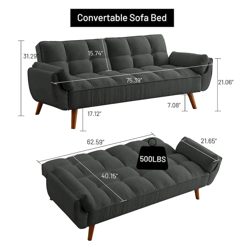 75,39 palce. Rozkládací pohovka futon, rozkládací čalouněná pohovka s polohovatelným děleným opěradlem s knoflíky