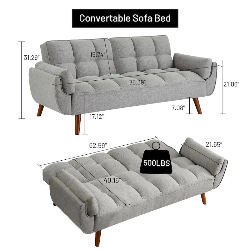75,39 palce. Rozkládací pohovka futon, rozkládací čalouněná pohovka s polohovatelným děleným opěradlem s knoflíky