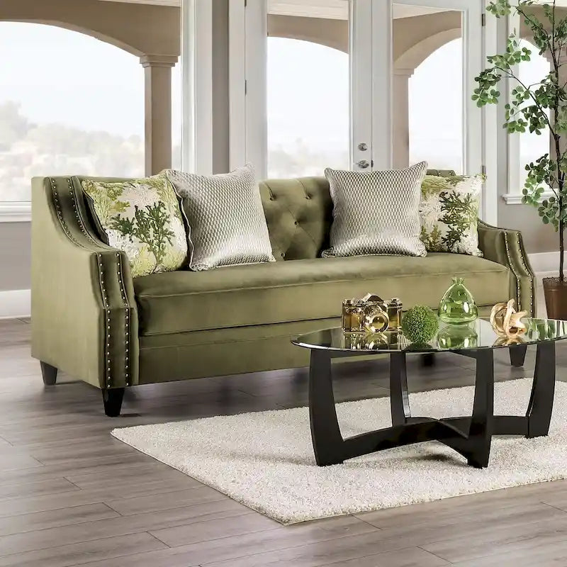 Olie Transitional Green Fabric Upholstered Tufted Back Sofa by Furniture of America