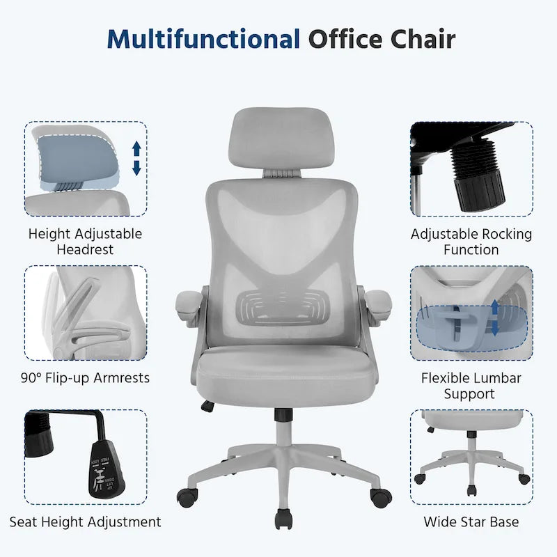 Kancelářská židle s vysokým opěradlem a síťovinou, s vyklápěcími područkami, ergonomická stolní židle