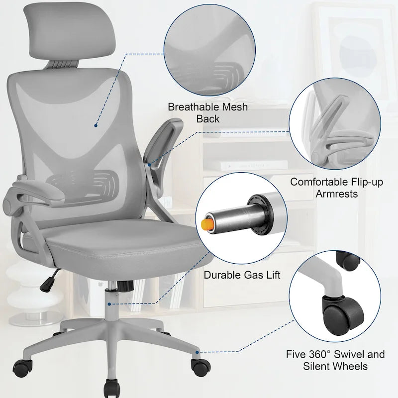 Kancelářská židle s vysokým opěradlem a síťovinou, s vyklápěcími područkami, ergonomická stolní židle