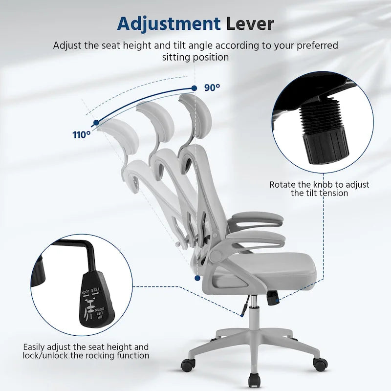 Kancelářská židle s vysokým opěradlem a síťovinou, s vyklápěcími područkami, ergonomická stolní židle
