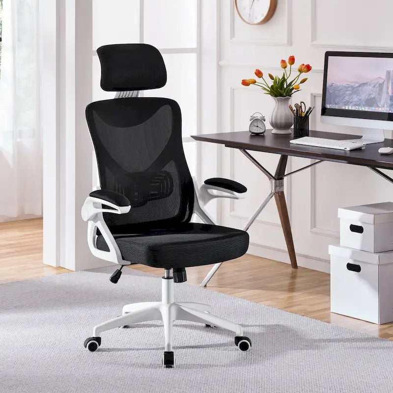 Kancelářská židle s vysokým opěradlem a síťovinou, s vyklápěcími područkami, ergonomická stolní židle