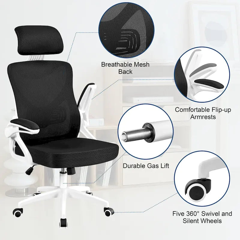 Kancelářská židle s vysokým opěradlem a síťovinou, s vyklápěcími područkami, ergonomická stolní židle