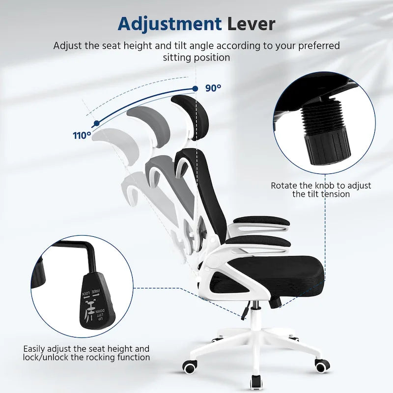 Kancelářská židle s vysokým opěradlem a síťovinou, s vyklápěcími područkami, ergonomická stolní židle