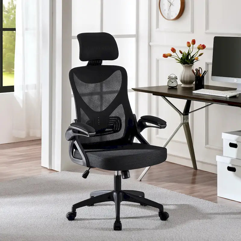 Kancelářská židle s vysokým opěradlem a síťovinou, s vyklápěcími područkami, ergonomická stolní židle