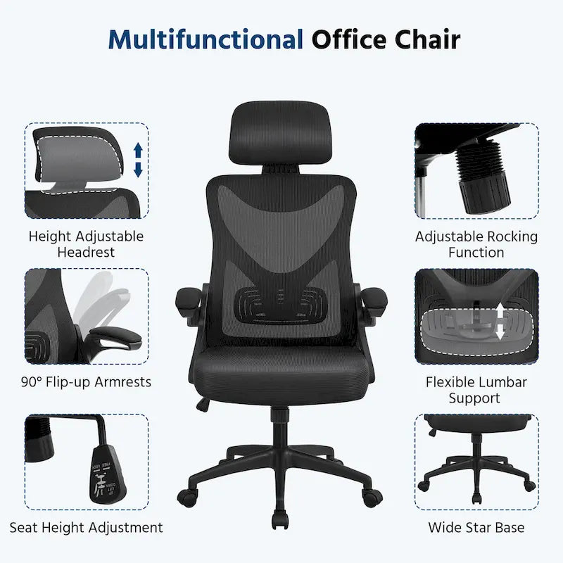 Kancelářská židle s vysokým opěradlem a síťovinou, s vyklápěcími područkami, ergonomická stolní židle
