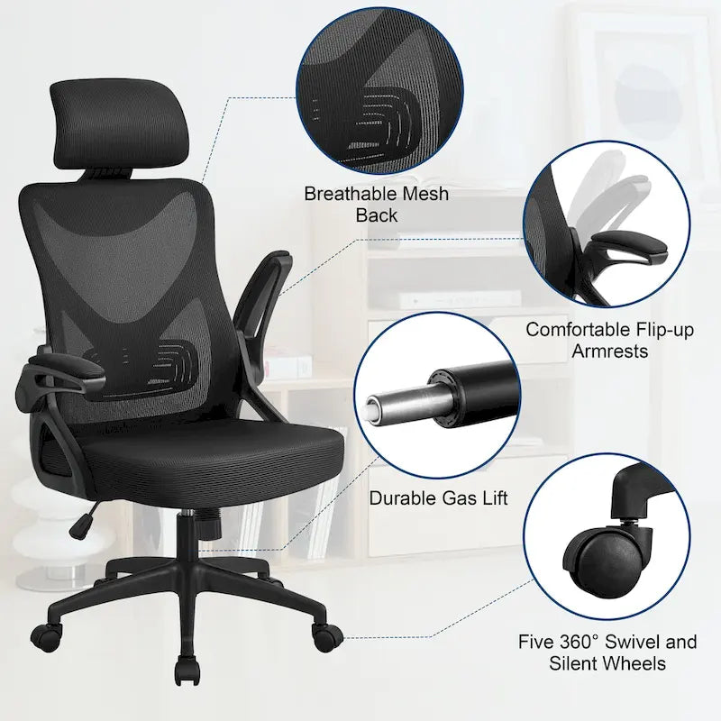 Kancelářská židle s vysokým opěradlem a síťovinou, s vyklápěcími područkami, ergonomická stolní židle