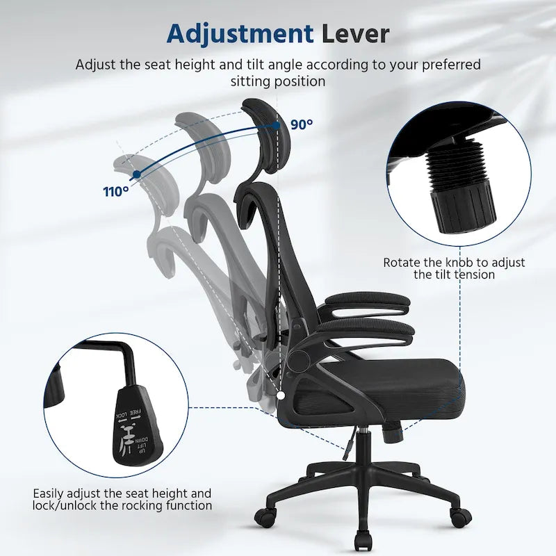 Kancelářská židle s vysokým opěradlem a síťovinou, s vyklápěcími područkami, ergonomická stolní židle