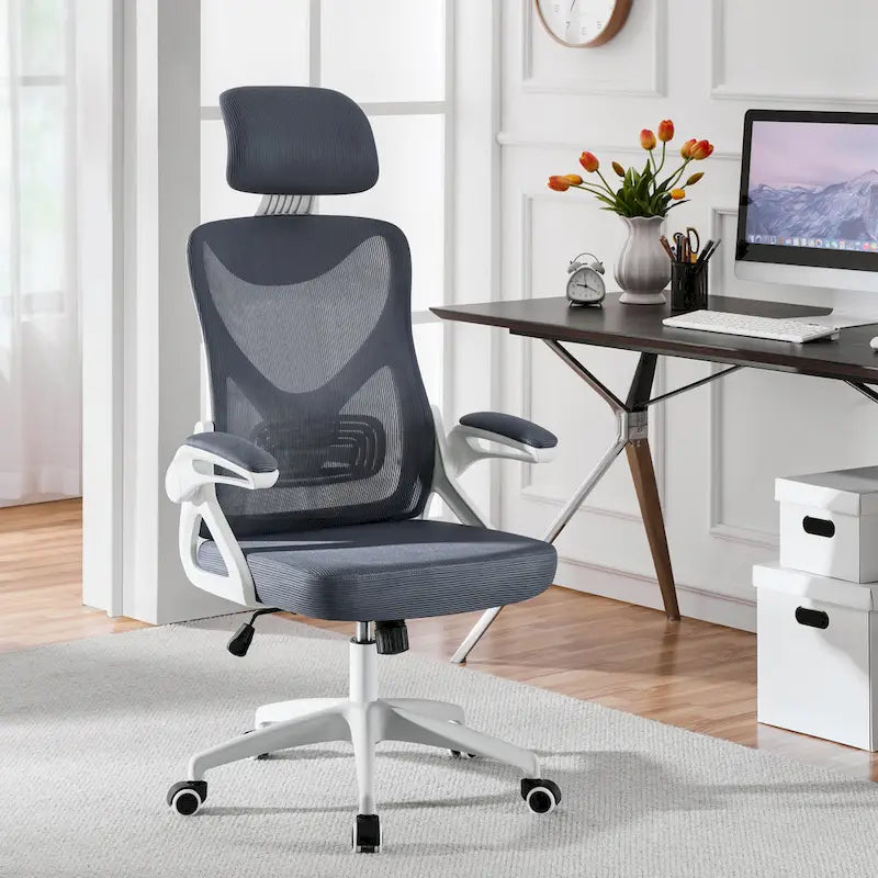 Kancelářská židle s vysokým opěradlem a síťovinou, s vyklápěcími područkami, ergonomická stolní židle