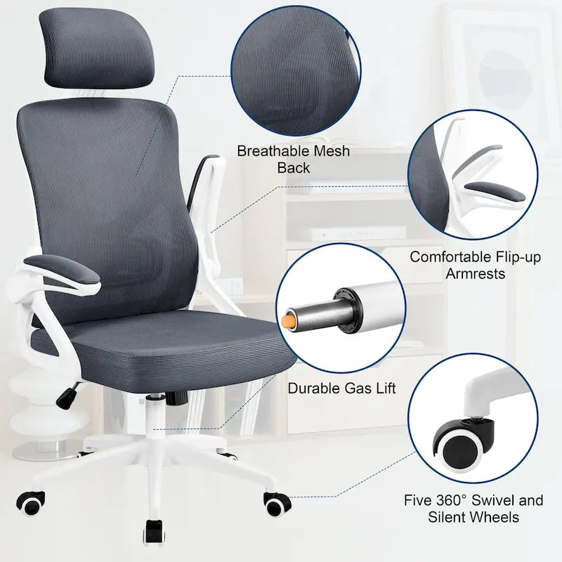 Kancelářská židle s vysokým opěradlem a síťovinou, s vyklápěcími područkami, ergonomická stolní židle