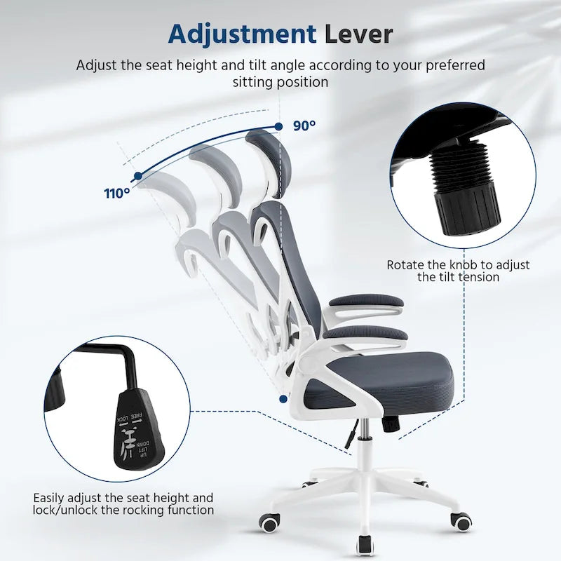 Kancelářská židle s vysokým opěradlem a síťovinou, s vyklápěcími područkami, ergonomická stolní židle